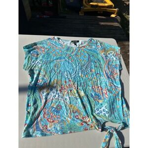 Lauren Ralph Lauren Blue Paisley Floral Side Tie Top Womens 2X Short Sleeve